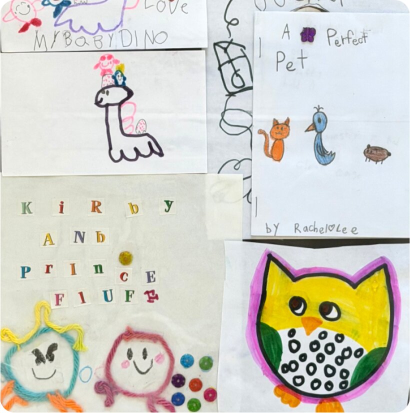 A spread of childhood drawings by Rachel