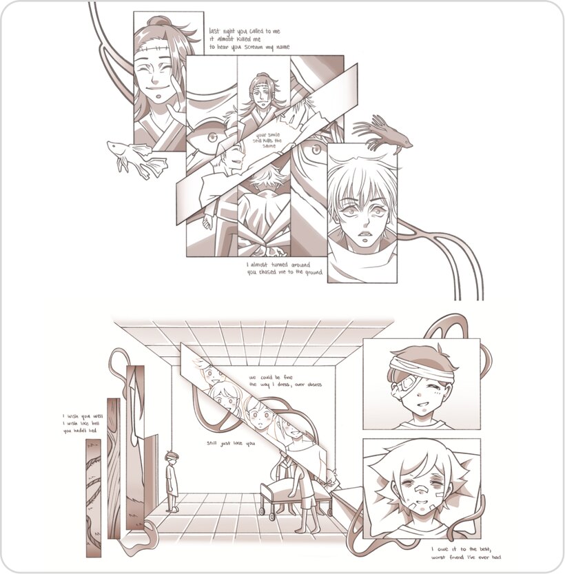 Hand-drawn comic spread in sepia ink