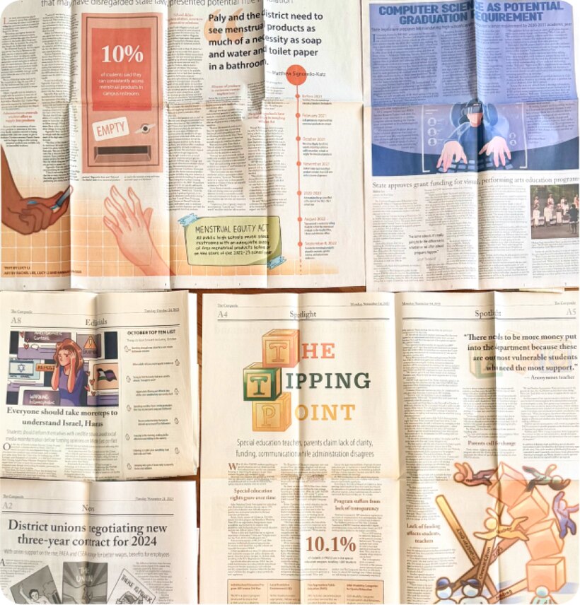 Newspaper pages with hand-drawn illustrations