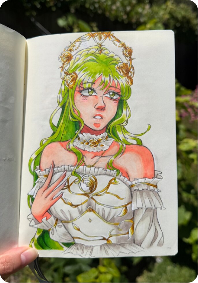 Infinity Nikki character drawing in a sketchbook