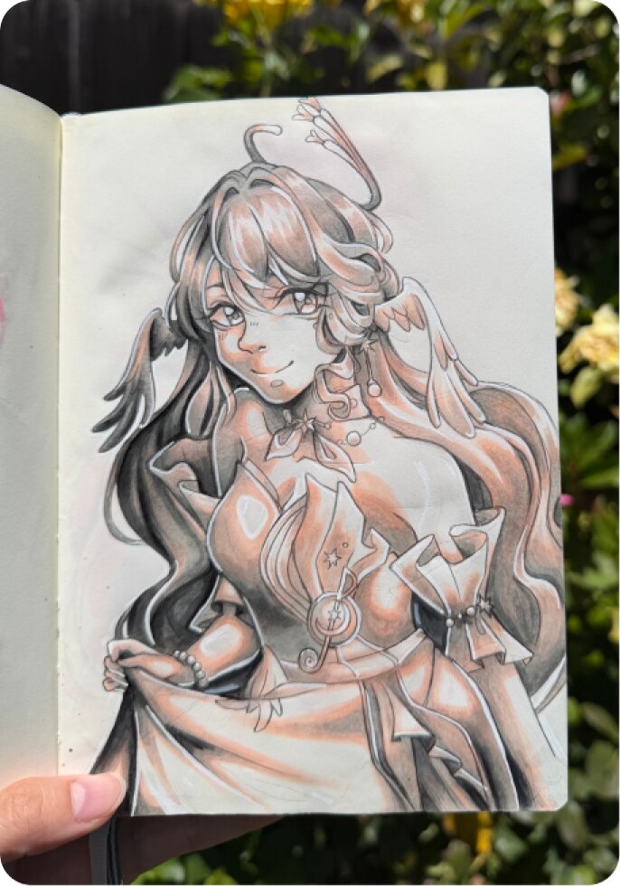 Drawing of Robin from Honkai: Star Rail in a sketchbook
