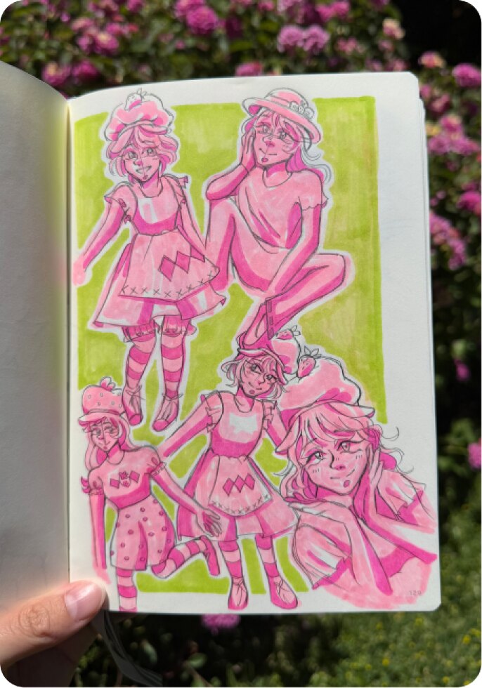 Strawberry Shortcake sketchbook spread in pink and green