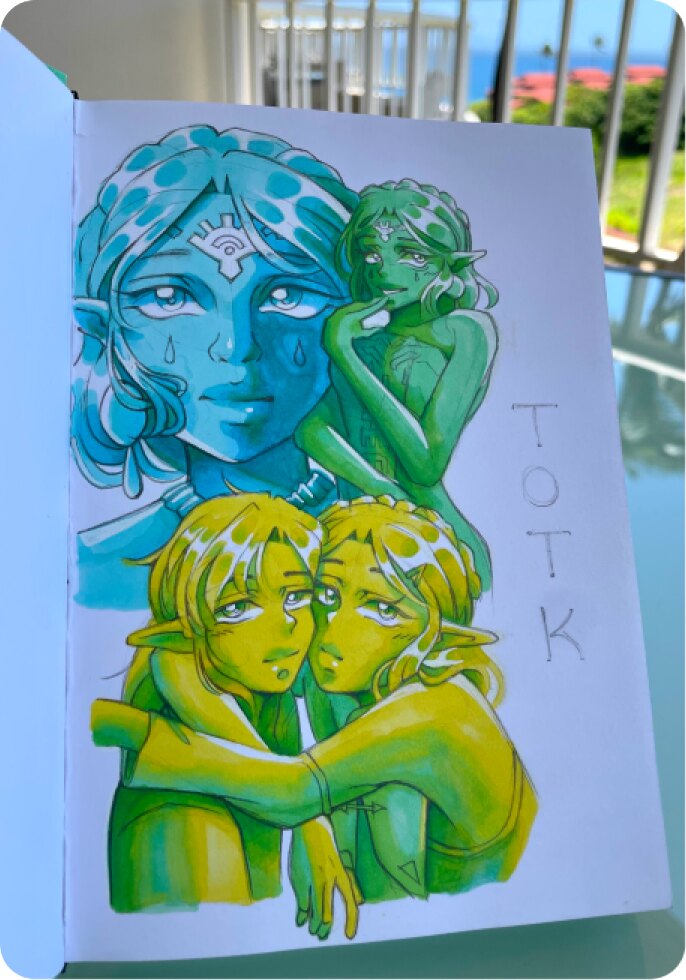 Sketchbook spread of Legend of Zelda: Tears of the Kingdom drawings