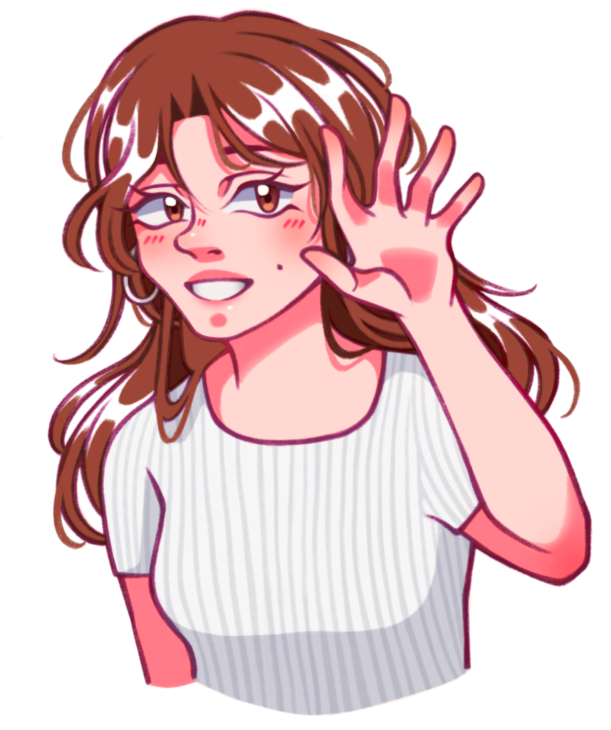 Illustrated portrait of Rachel smiling and waving