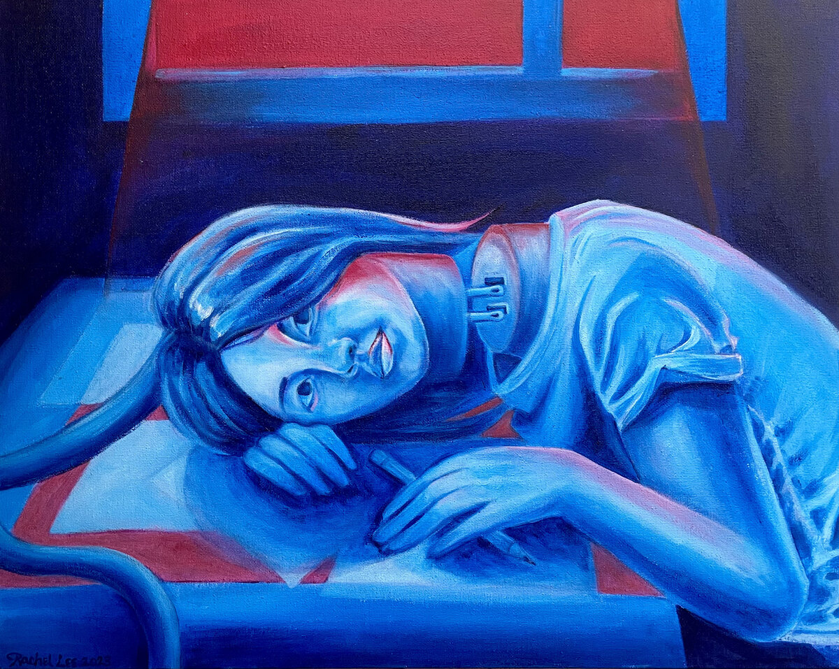 Power Out acrylic painting of a figure lying down in blue light