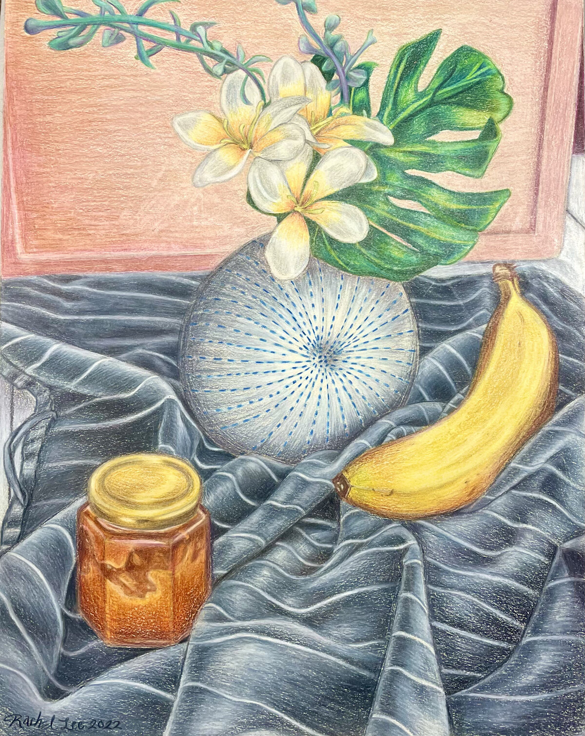 Still life color pencil drawing with plant, jar, and banana