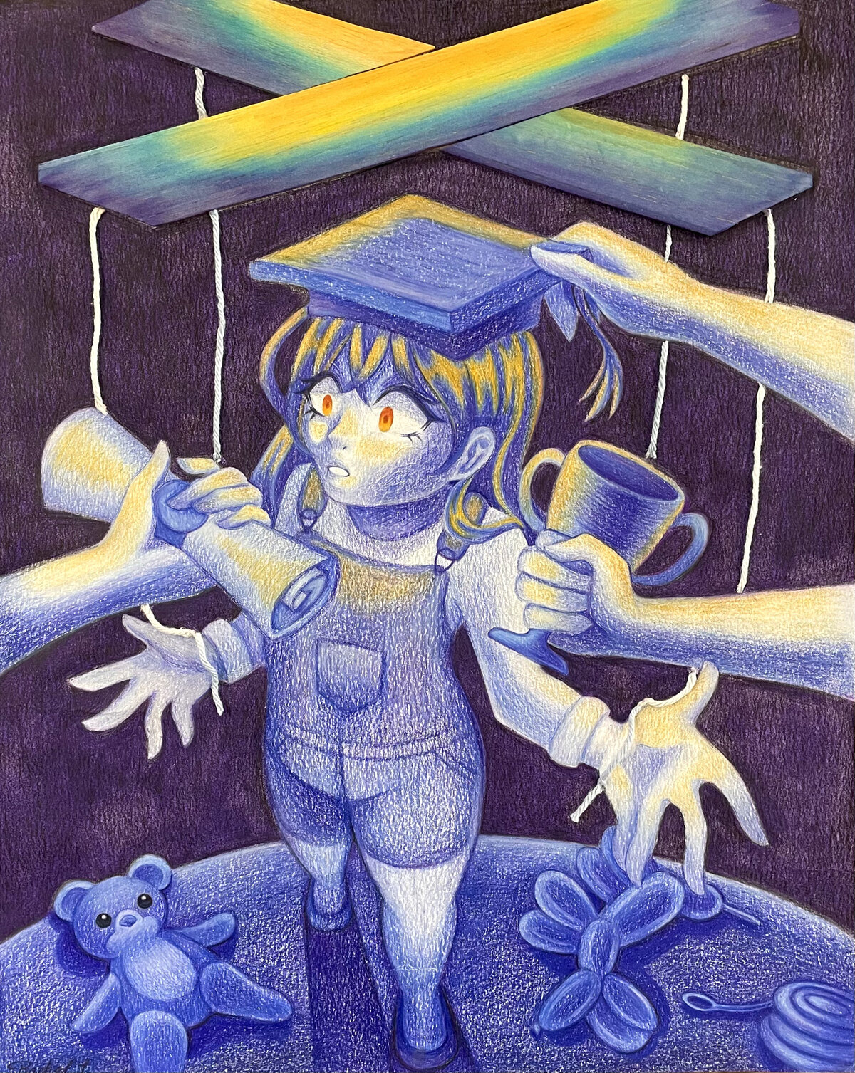 Strings Attached mixed media piece of a child on puppet strings