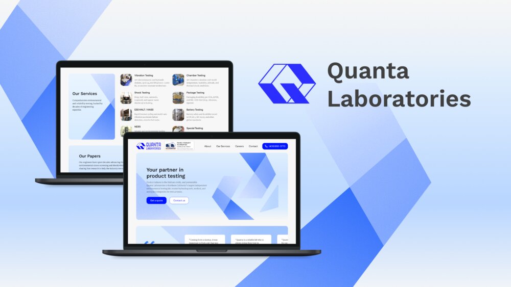 Quanta Laboratories marketing site shown on laptops