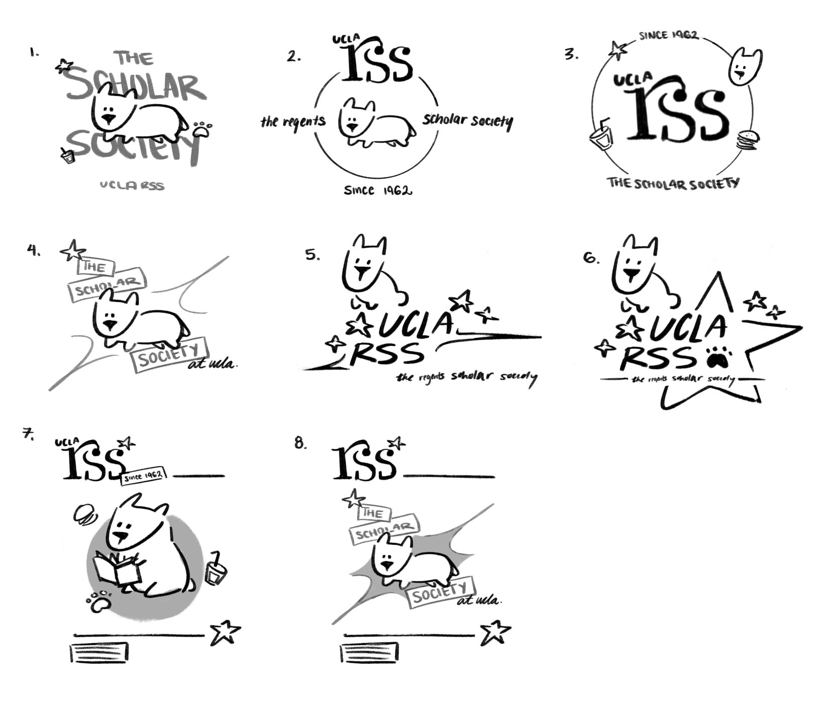 Grid of initial black-and-white concept sketches for the merch designs