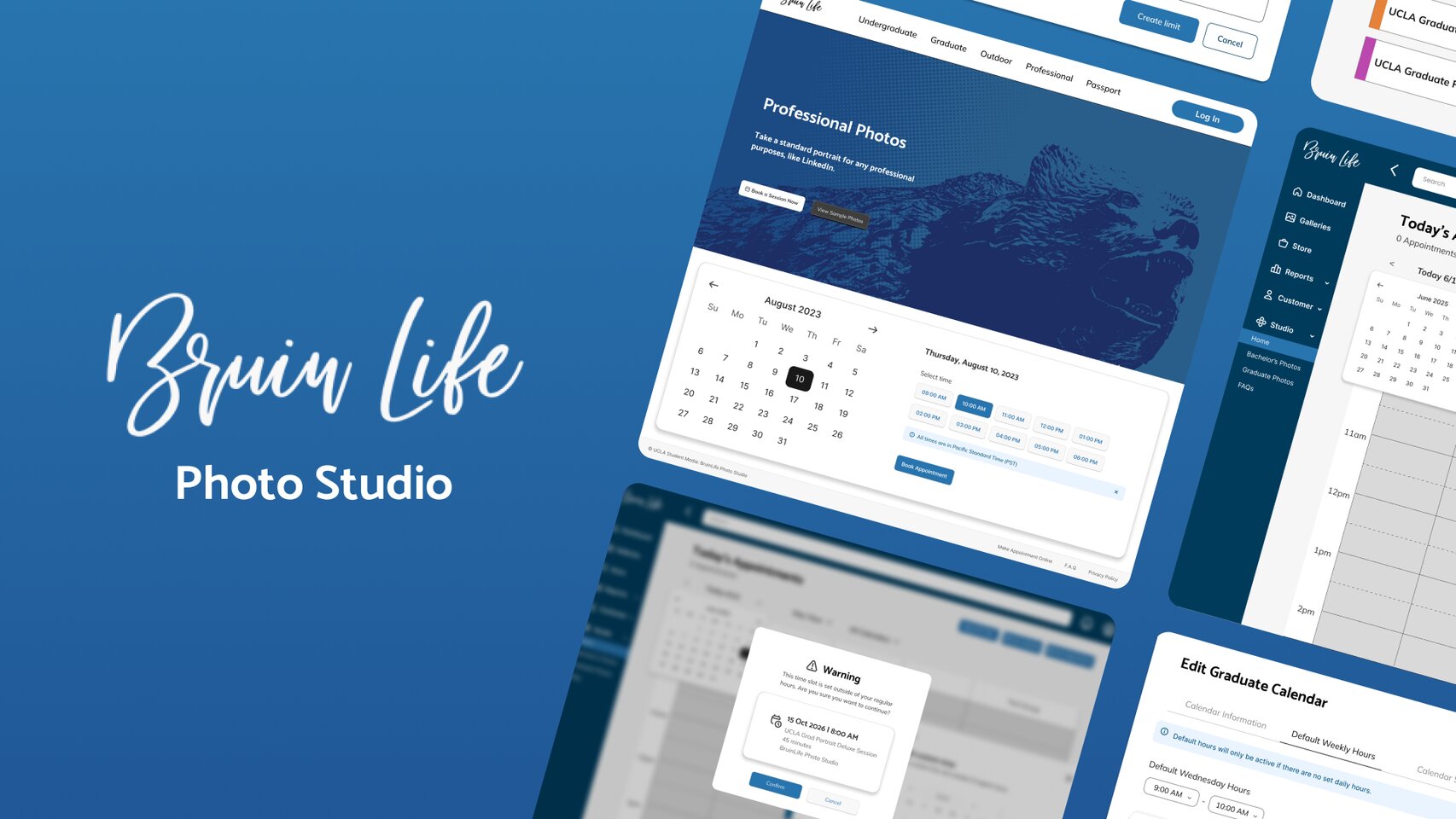 BruinLife Photo Studio platform screens on a blue backdrop