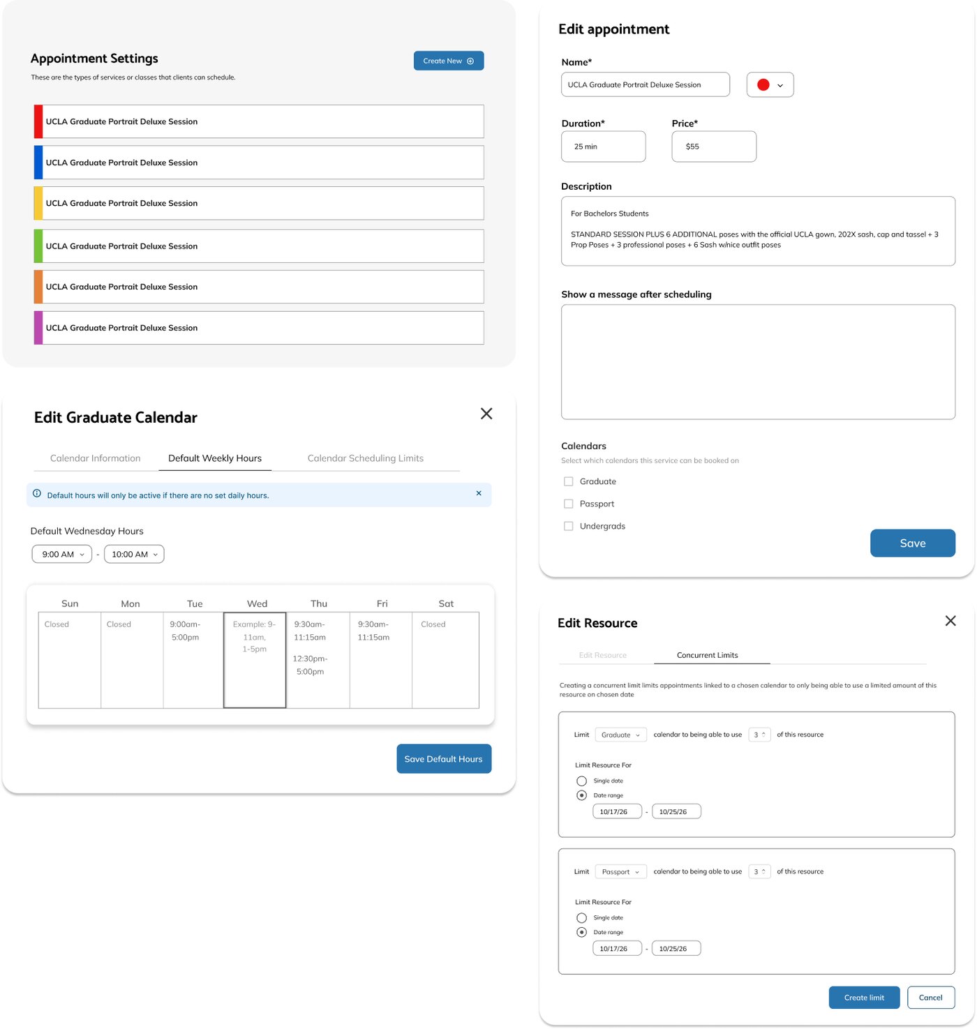 Resource Limits screens: appointment settings list, edit appointment panel, edit graduate calendar with default weekly hours, and edit resource concurrent limits