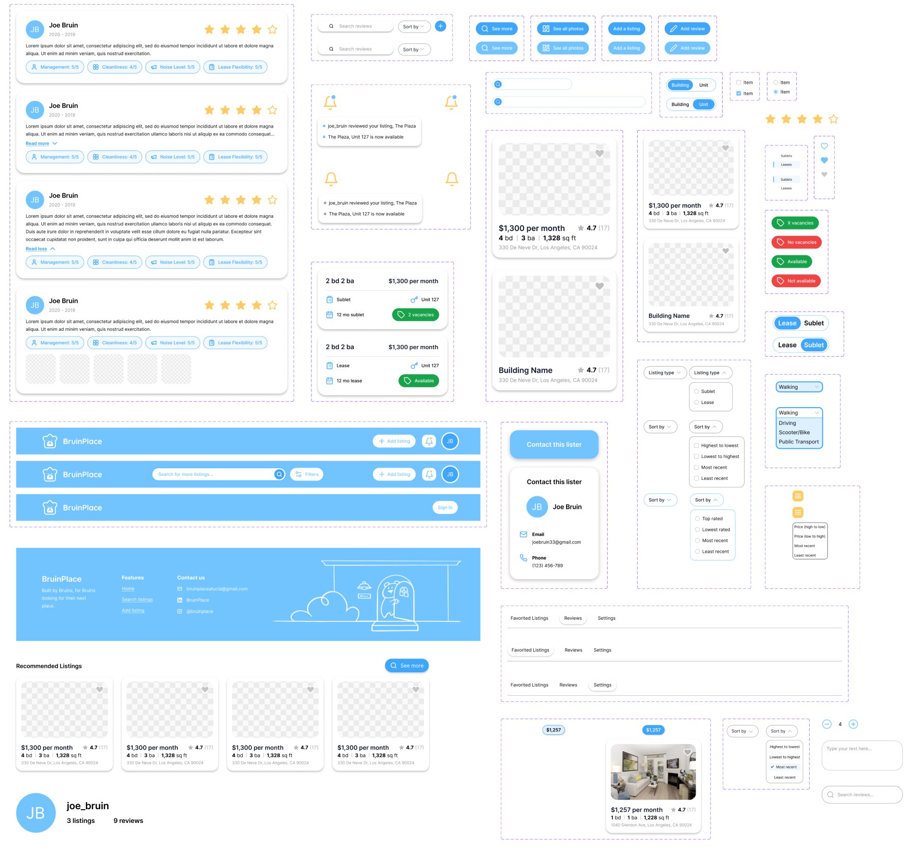 Design system elements customized from ShadCN: housing listing cards, headers, footers, drop-down menus, buttons, and form components