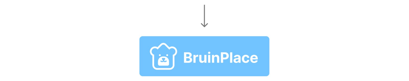 Arrow leading down to the final BruinPlace logo: a bear-in-a-house badge beside the BruinPlace wordmark