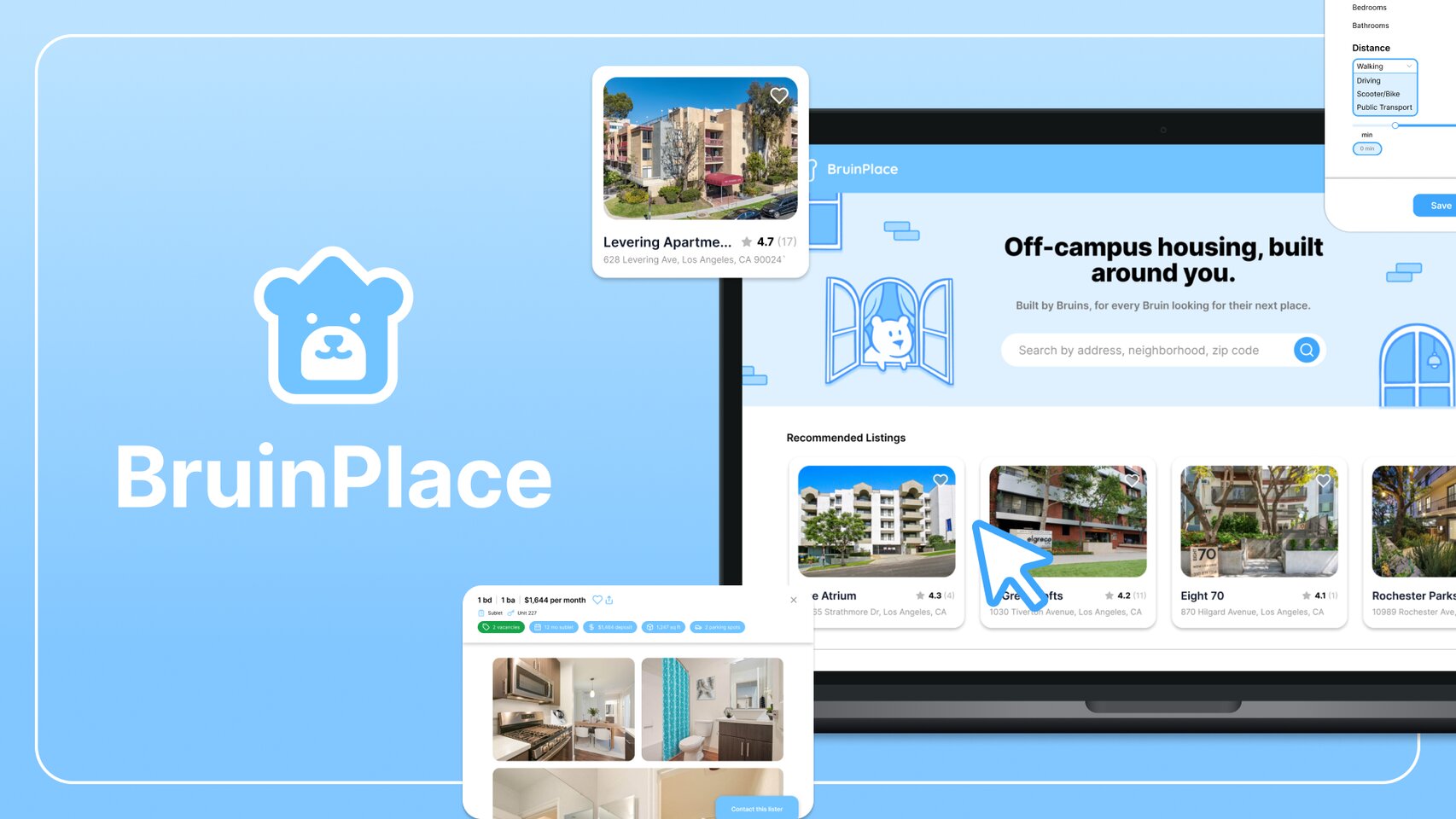 BruinPlace housing platform screens on a blue backdrop
