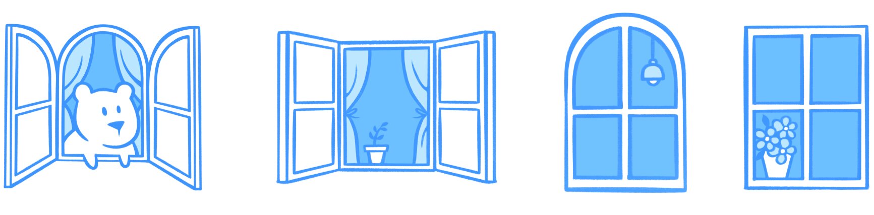 Four blue window illustrations featuring the bruin mascot, curtains, and plants