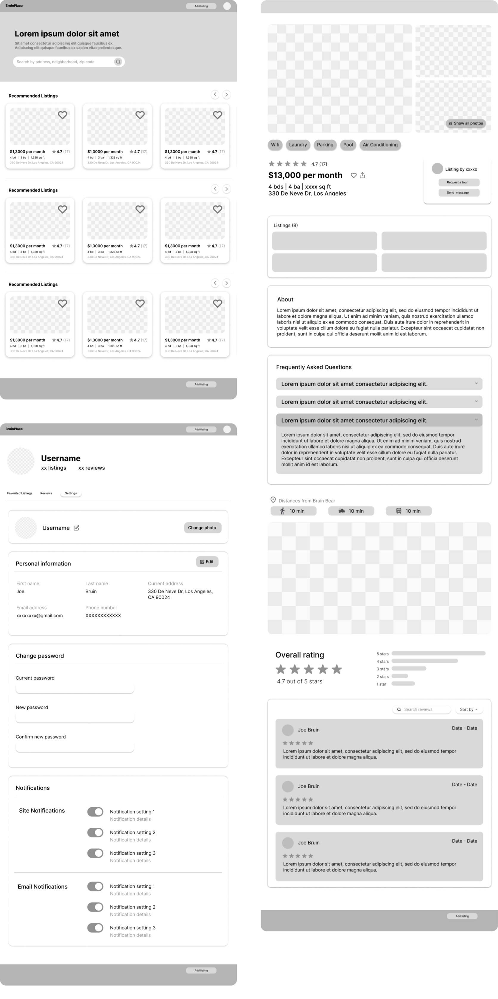 Key low-fidelity wireframe screens: the landing page with recommended listings, a listing detail page, and the user profile and settings pages