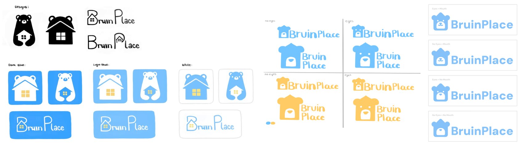 Early logo concept sketches: bear, house, and wordmark explorations in black, blue, and orange