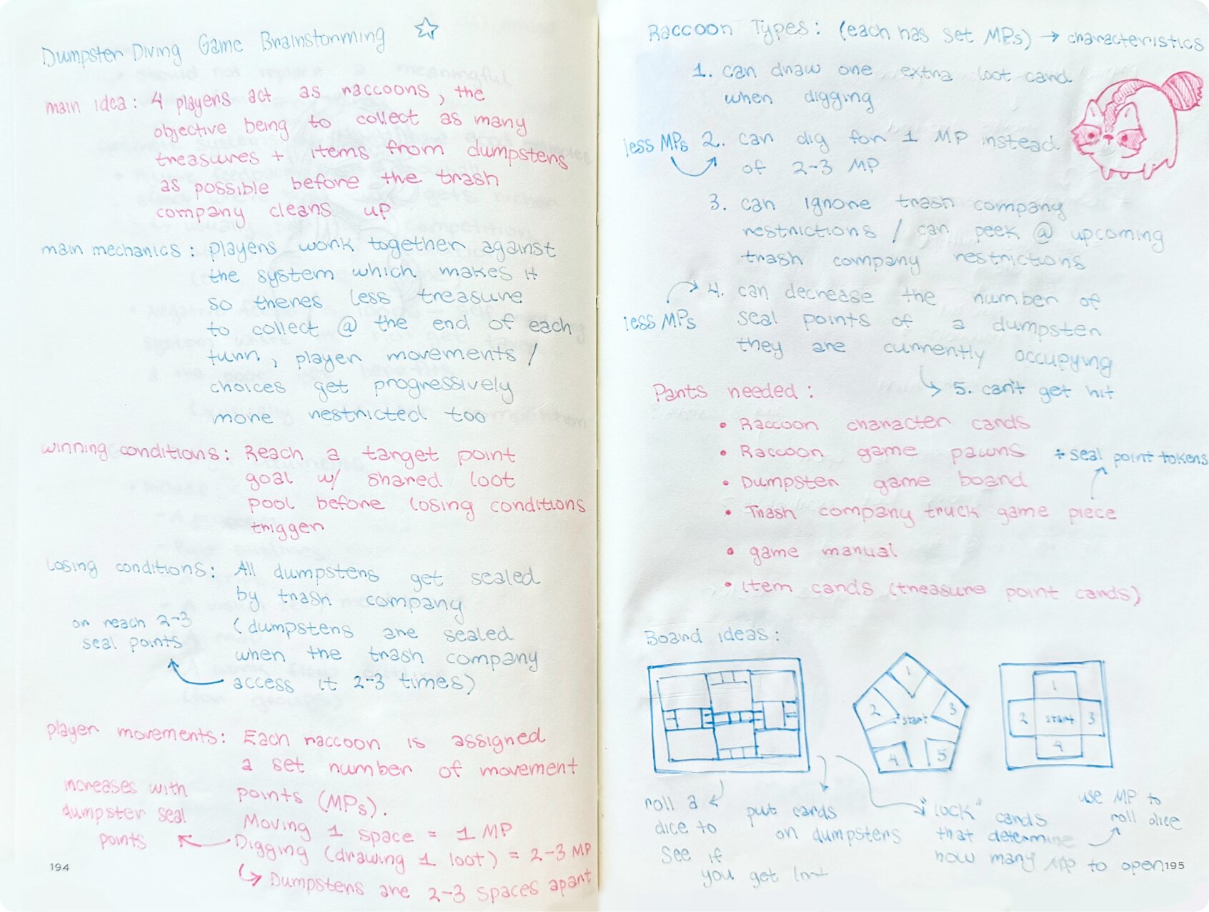 Notebook pages of handwritten game mechanic brainstorming