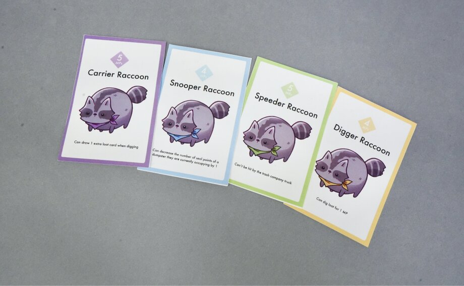 Raccoon character cards fanned out