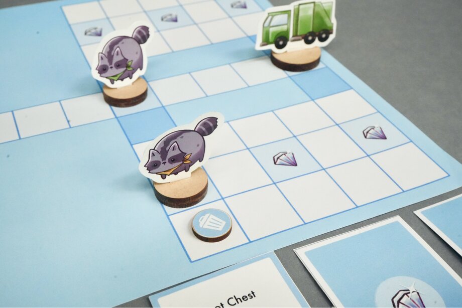 Game pieces moving across the dumpster grid