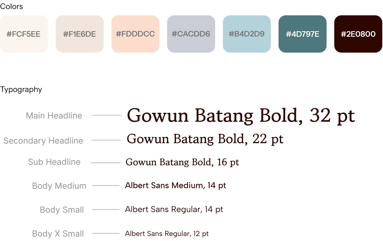 Homie branding board: pastel color palette from #FCF5EE to #2E0800 and Gowun Batang / Albert Sans type scale