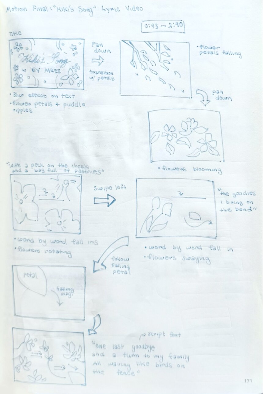 Hand-drawn storyboard page one with scene thumbnails