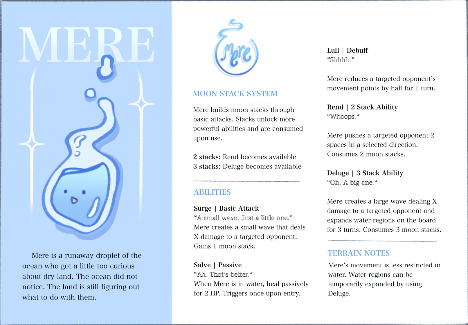 Early draft of Mere's character sheet with abilities and lore