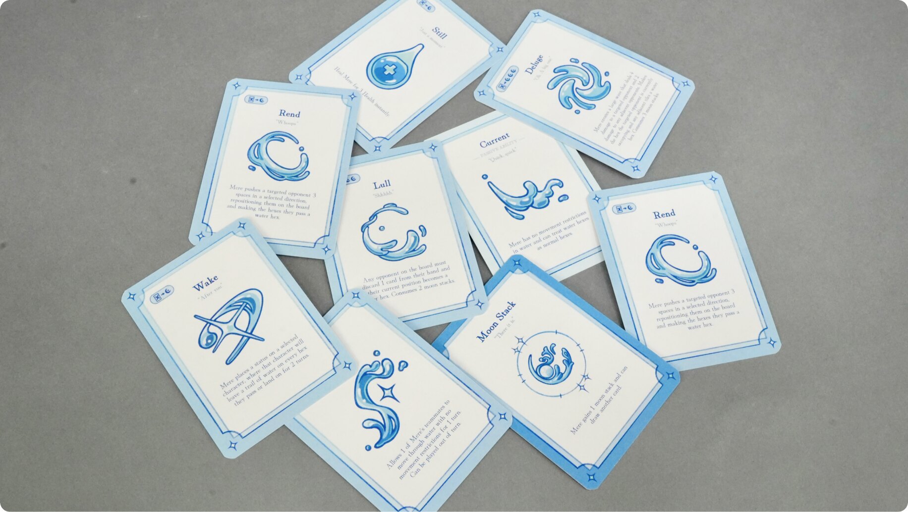 Mere's ability cards spread out, including Still, Deluge, Rend, Current, Lull, Wake, and Moon Stack