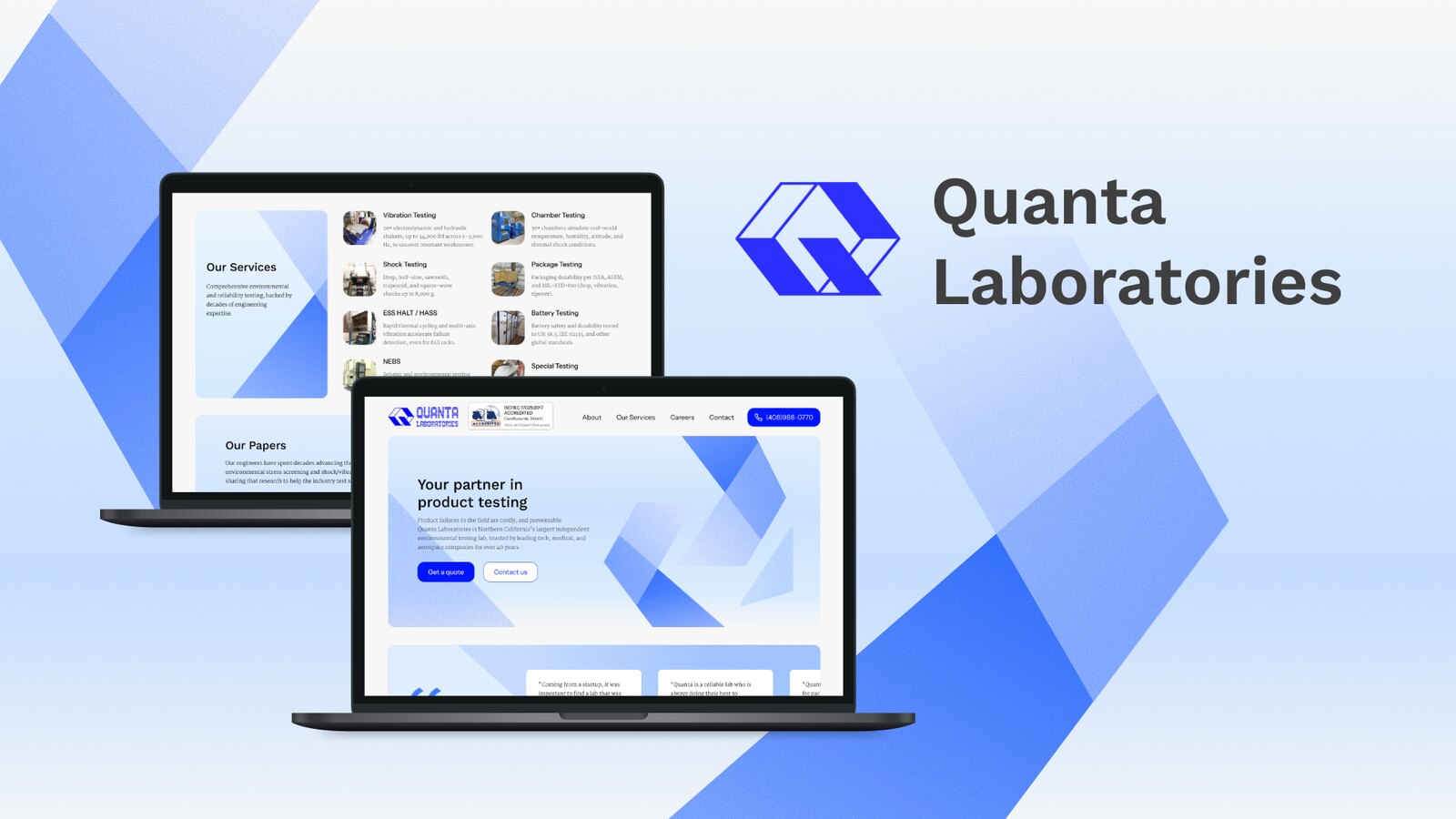 Quanta Laboratories marketing site shown on two laptops against a blue geometric backdrop, beside the Quanta Laboratories logo