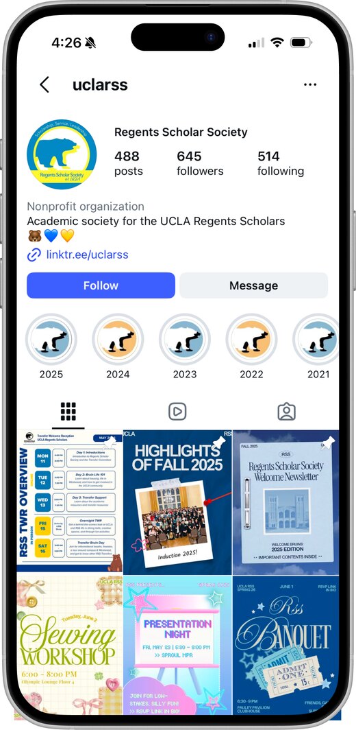 Phone showing the @uclarss Instagram profile