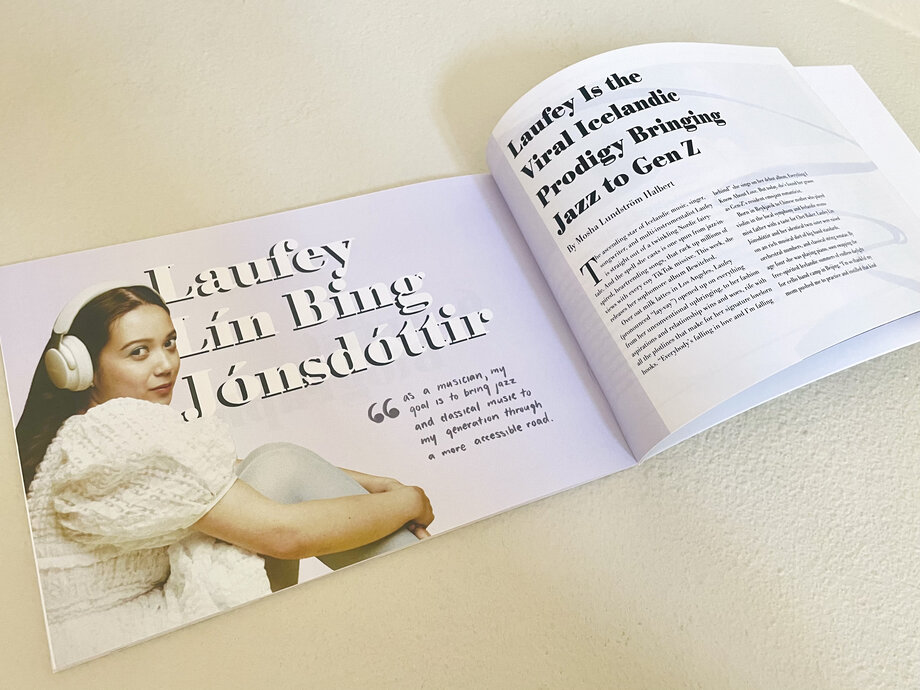 Open songbook showing the Laufey essay spread