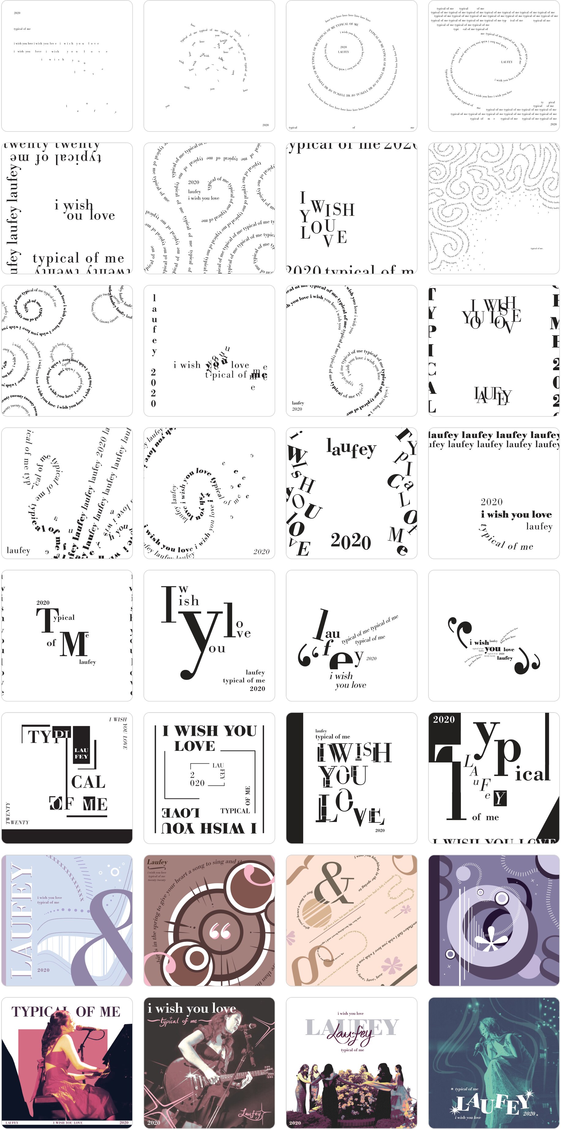 Grid of all 32 typographic album cover designs, progressing from black-and-white type to layered color compositions