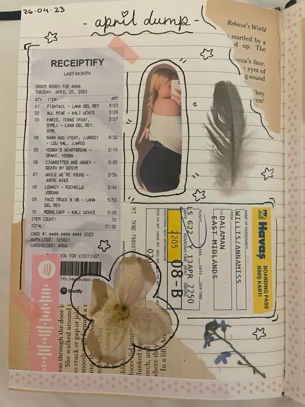 Collaged journal page with feather and pressed flower