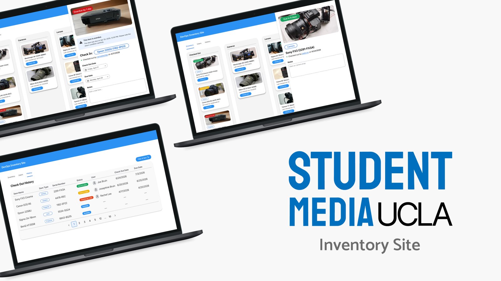 Student Media Inventory Site shown on three laptops beside the UCLA Student Media logo