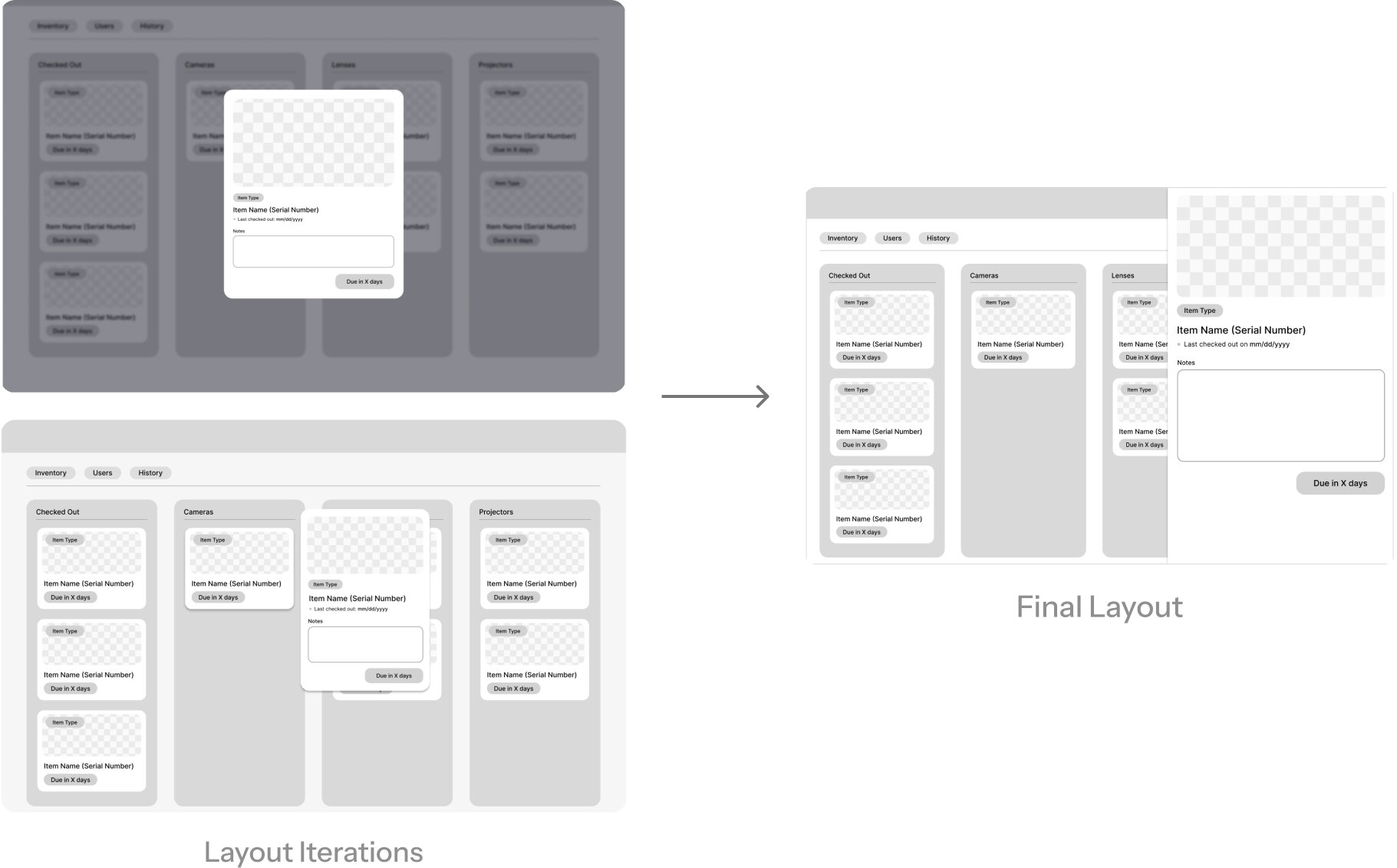 Item card pop-up layout iterations comparing a full popup and a side popup against the final sidebar layout