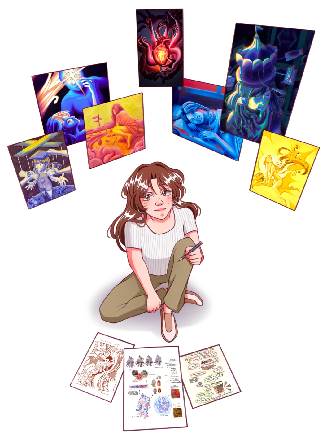Illustration of Rachel surrounded by her artwork pieces